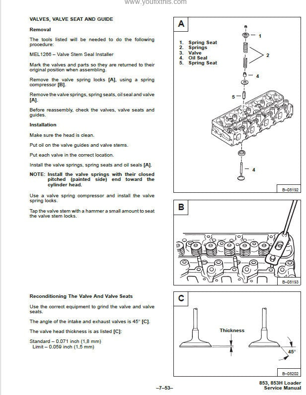 Bobcat 853 Skid Steer Loader Service Manual sample page with diagrams and specifications