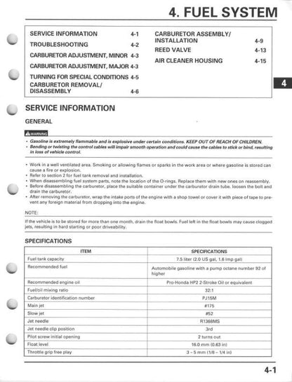 Honda CR 125 R Motorcycle Service Manual sample page with diagrams and specifications