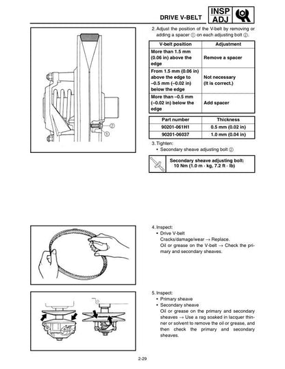 Yamaha FX Nytro Snowmobile Service Manual sample page with service data and tables