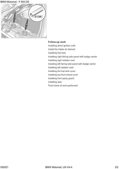 BMW F850 GS K81 Motorcycle Service Manual sample page with diagrams and specifications