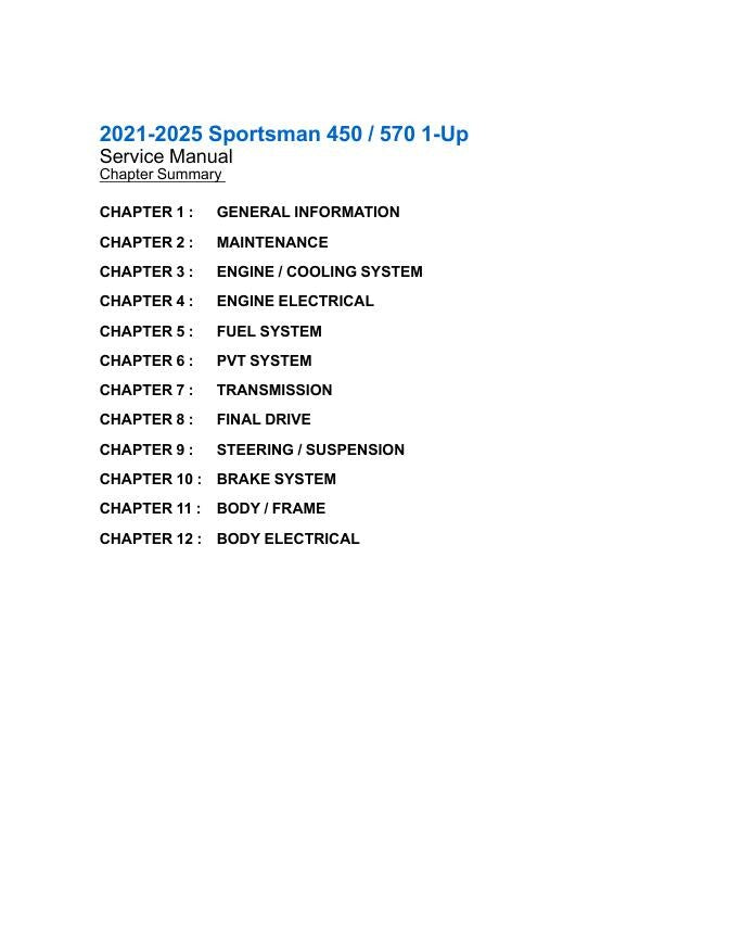 Polaris Sportsman 450 570 ATV Service Manual table of contents