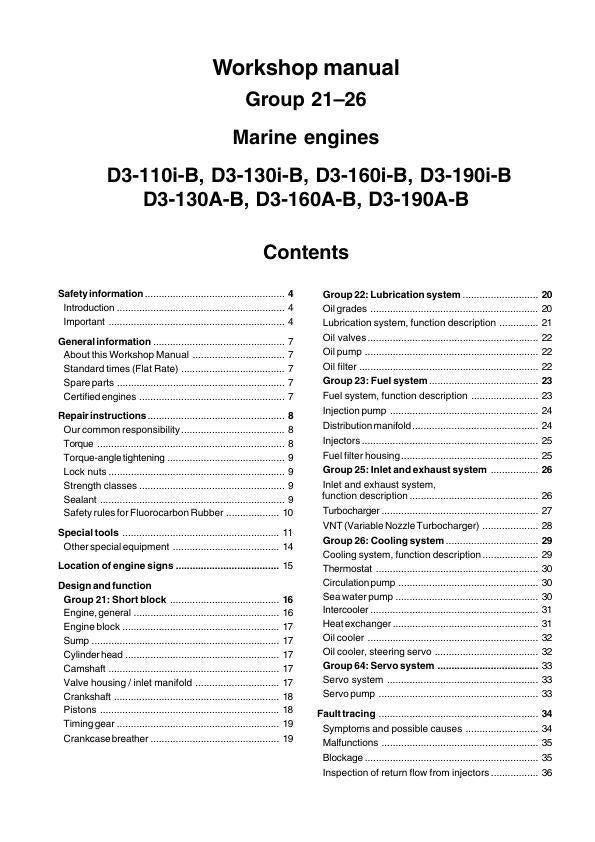 Volvo Penta D3 110i 130i 160i 190i A/B Engine Service Manual table of contents