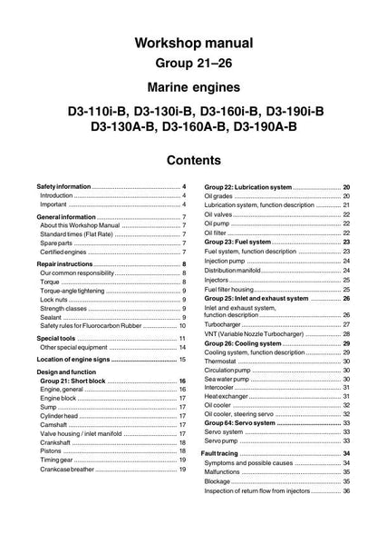Volvo Penta D3 110i 130i 160i 190i A/B Engine Service Manual table of contents