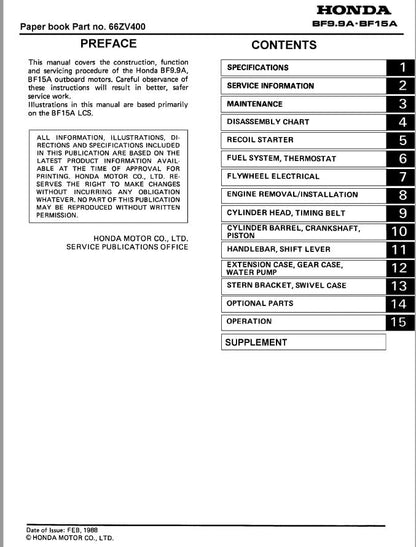 Honda BF9.9A BF15A Outboard Service Manual factory service manual title page