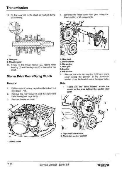 Triumph Sprint ST1050 Motorcycle Service Manual sample page with technical illustrations