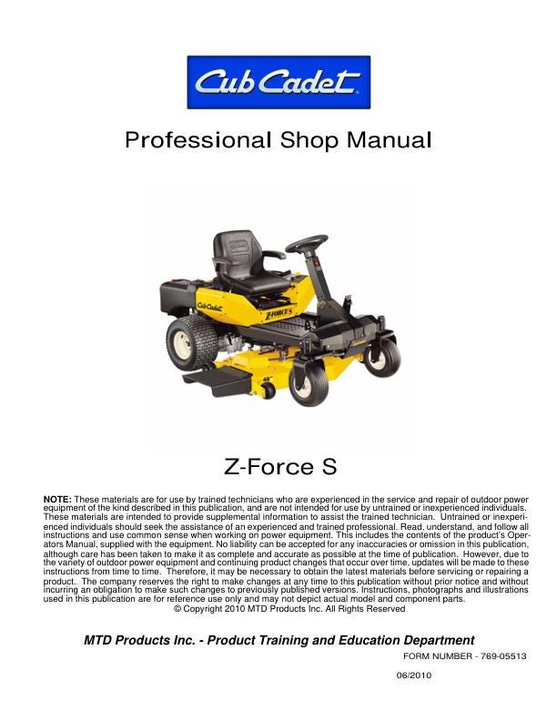 Cub Cadet Z Force S Mower Service Manual factory service manual title page