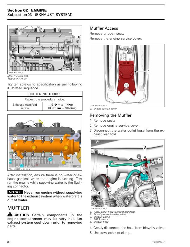 Sea-Doo GTX RXT Wake Pro Fish Pro Service Manual sample page with technical illustrations