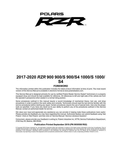 Polaris RZR 900 1000 UTV Service Manual factory service manual title page