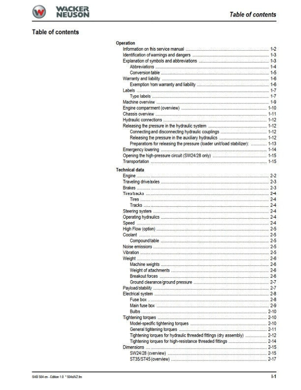 Wacker Neuson SW24 SW28 SW35 SW45 Compact Loader Service Manual sample page from service manual