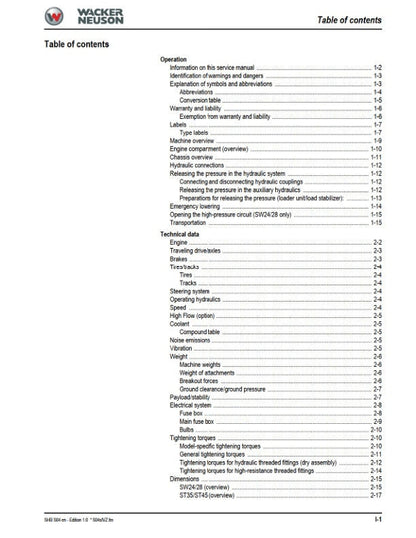 Wacker Neuson SW24 SW28 SW35 SW45 Compact Loader Service Manual sample page from service manual