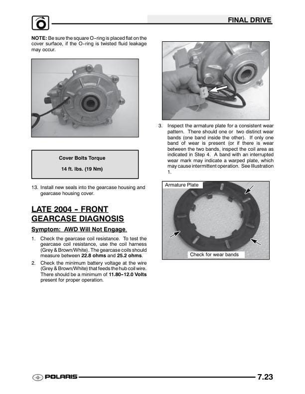 Polaris Sportsman 600 ATV Service Manual sample page with service data and tables