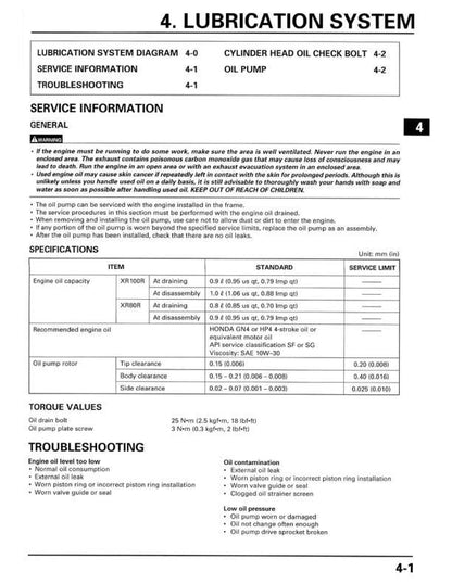 Honda XR80R XR100R Motorcycle Service Manual sample page showing repair procedures