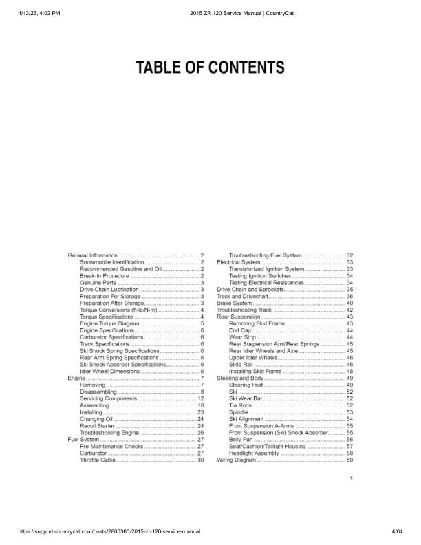Arctic ZR120 Kitty Cat Snowmobile Service Manual table of contents