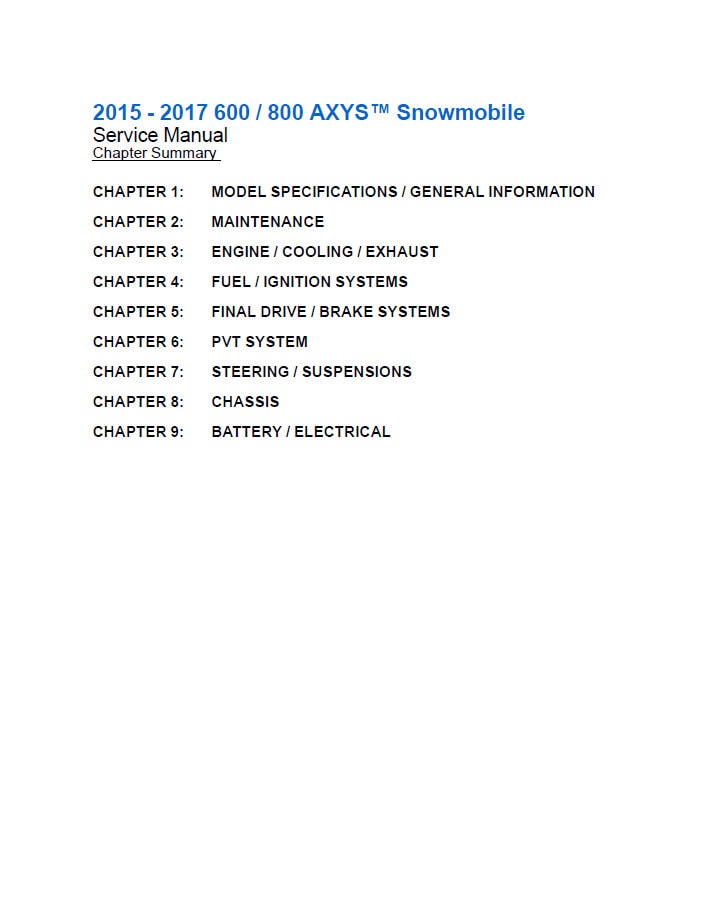 Polaris Rush Switchback XCR RMK 600 800 Snowmobile Service Manual table of contents