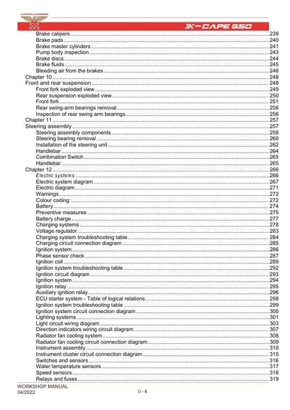 Motormorini X Cape 650 Motorcycle Service Manual sample page with diagrams and specifications