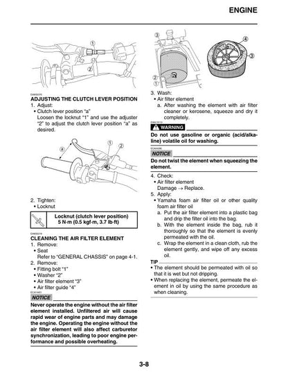Yamaha YZ 125 XN Motorcycle Service Manual table of contents