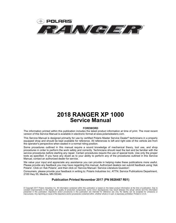 Polaris RANGER XP/XP Crew 1000 UTV Service Manual factory service manual title page