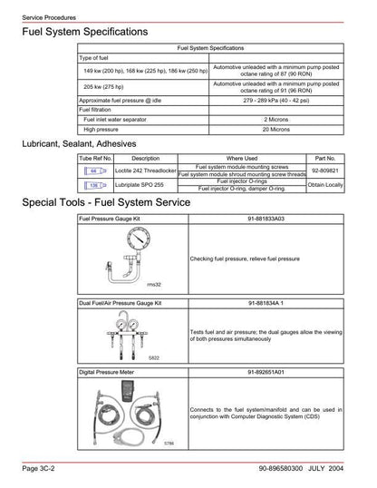 Mercury Verado 200 225 250 275 Outboard Service Manual sample page with diagrams and specifications