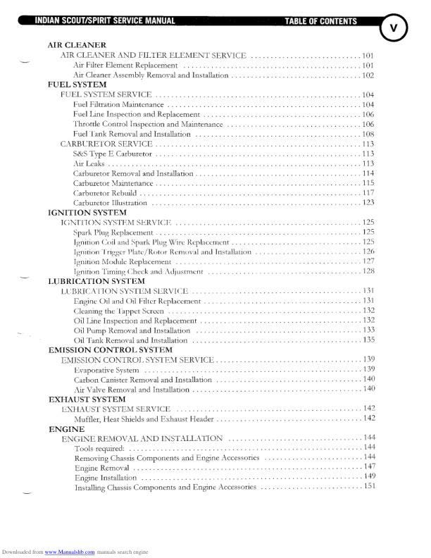 Indian Scout Centennial Springfield Deluxe Motorcycle Service Manual sample page with diagrams and specifications