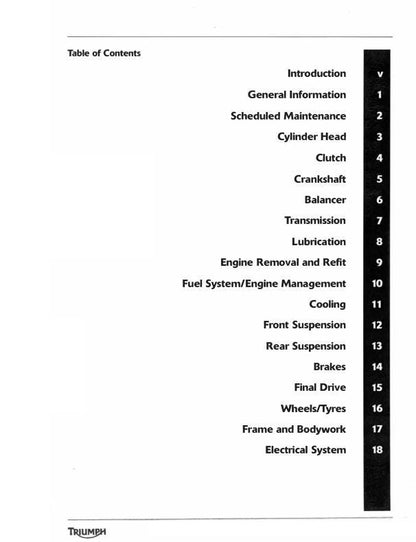 Triumph Tiger Explorer XR XRX XRT Service Manual table of contents