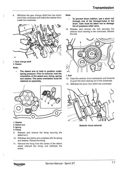 Triumph Sprint ST1050 Motorcycle Service Manual sample page with diagrams and specifications