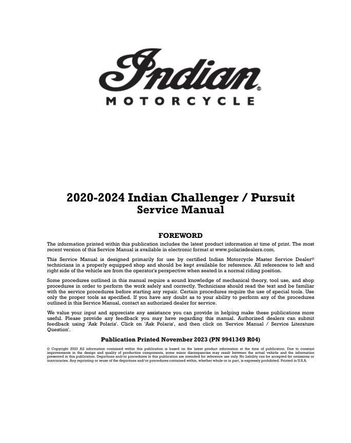 Indian Challenger / Pursuit Motorcycle Service Manual factory service manual title page