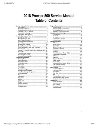 Arctic Cat Prowler 500 UTV Service Manual table of contents