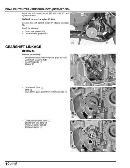 Honda NC 700 Motorcycle Service Manual sample page with technical illustrations