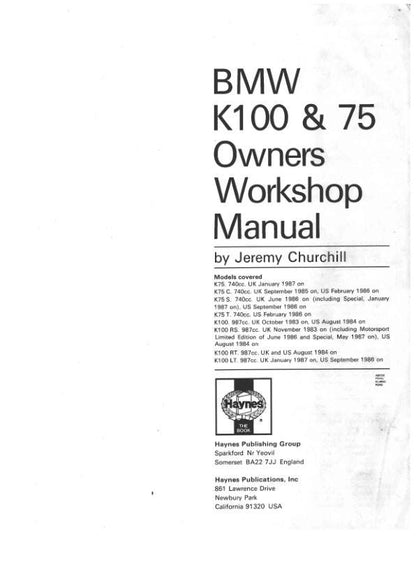 BMW K 100 K 75 Motorcycle Service Manual factory service manual title page
