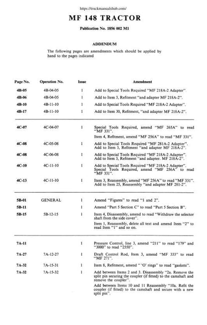 Massey Ferguson 148 Tractor Service Manual sample page with diagrams and specifications