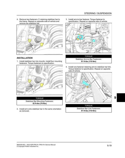 Polaris RZR Pro XP UTV Service Manual sample page with service data and tables