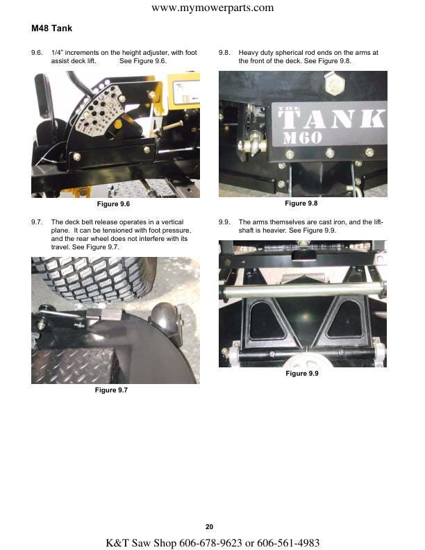 Cub Cadet M48 Tank Zero Turn Mower Service Manual sample page with service data and tables