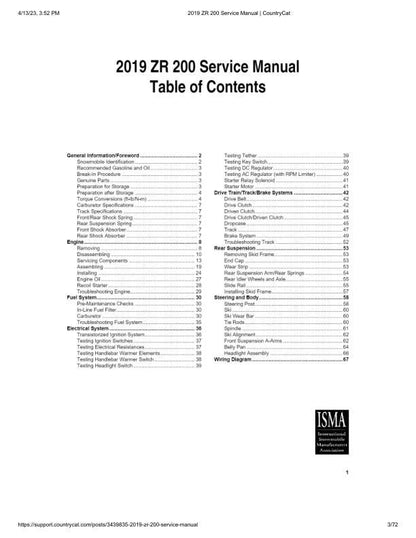 Arctic Cat ZR200 Snowmobile Service Manual table of contents