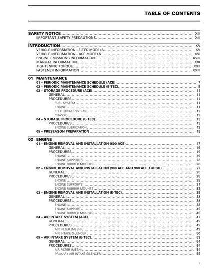 Skidoo Grand Touring 600 900 Snowmobile Service Manual table of contents