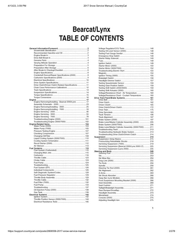 Arctic Cat Bearcat Lynx Pantera Snowmobile Service Manual table of contents