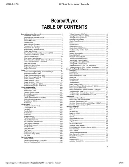 Arctic Cat Bearcat Lynx Pantera Snowmobile Service Manual table of contents