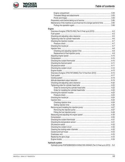 Wacker Neuson 803 Track Excavator Service Manual sample page with diagrams and specifications