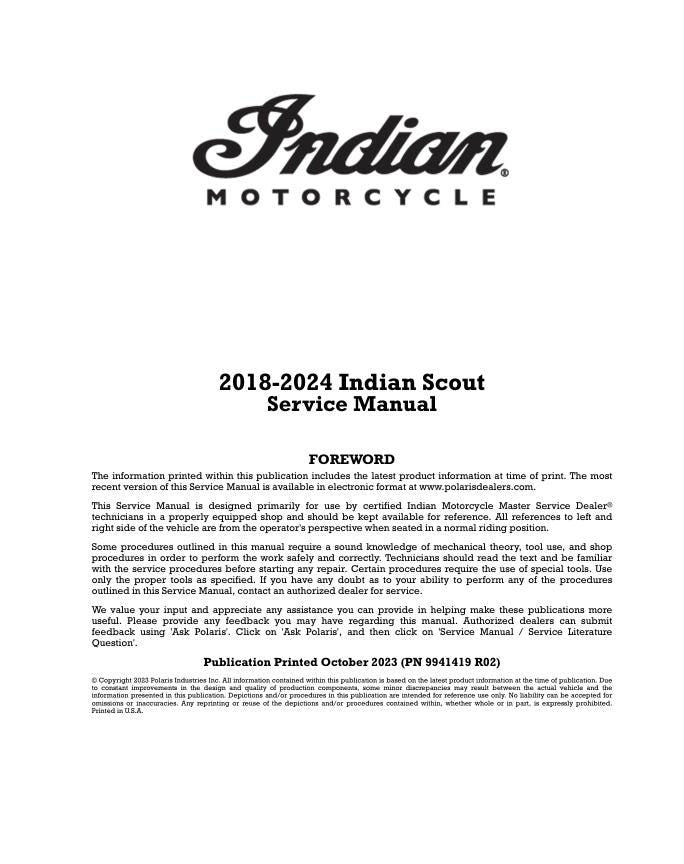 Indian Scout Bobber Rogue Motorcycle Service Manual factory service manual title page
