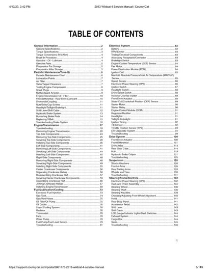 Arctic Cat Wildcat 4 UTV Service Manual table of contents