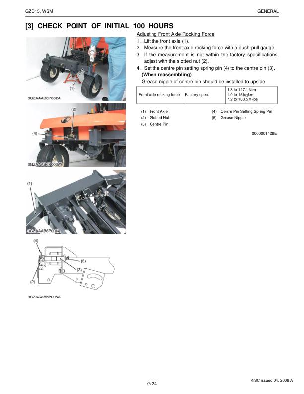 Kubota GZD 15 Mower Service Manual sample page showing repair procedures