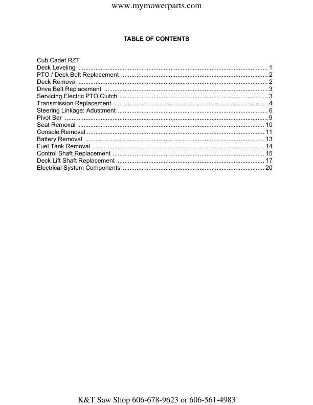 Cub Cadet RZT  Zero Turn Mower Service Manual table of contents