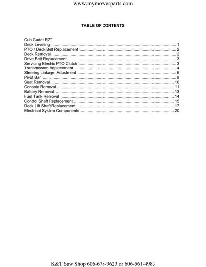 Cub Cadet RZT  Zero Turn Mower Service Manual table of contents
