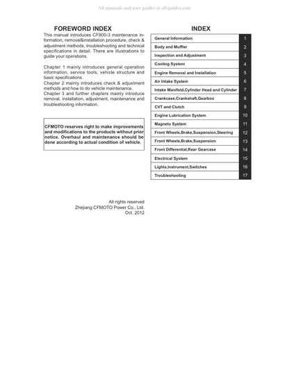 CFMOTO Tracker 800 UTV Service Manual table of contents