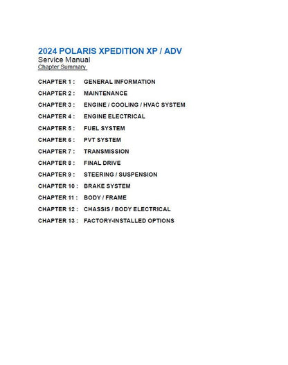 Polaris Xpedition XP ADV 1000 UTV Service Manual table of contents