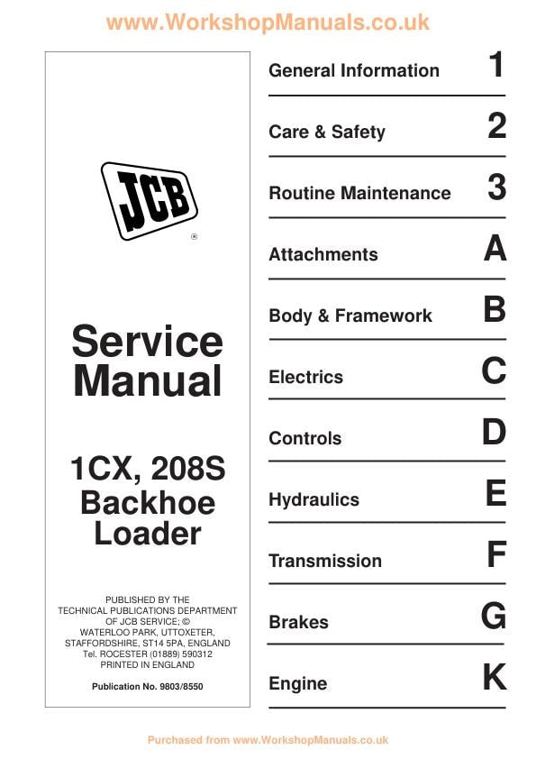JCB 1CX 208S Backhoe Loader Service Manual factory service manual title page