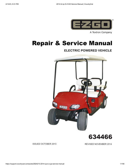 EZGO TXT Electric Golf Cart Service Manual factory service manual title page