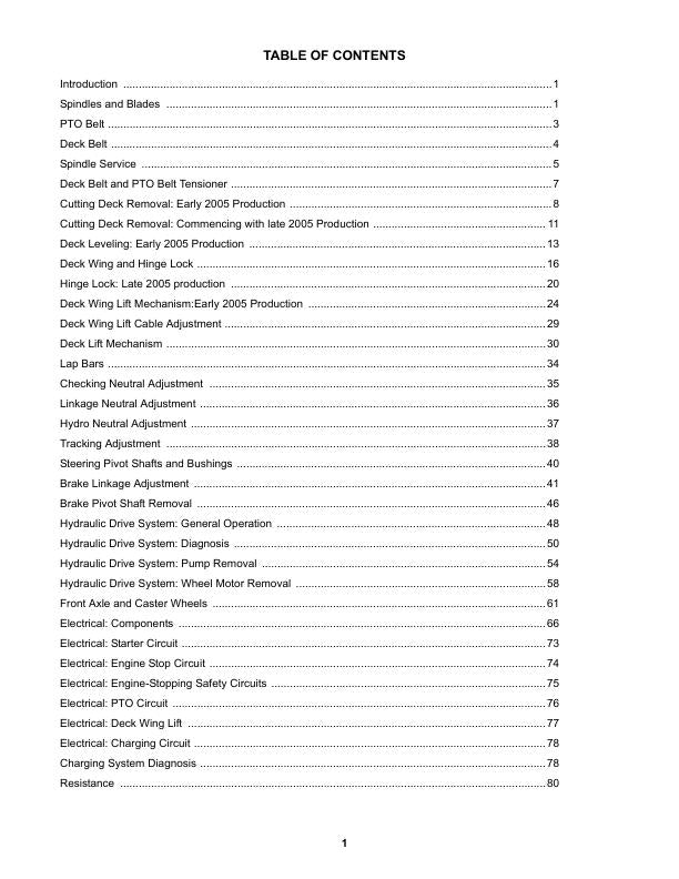 Cub Cadet Z Wing Mower Service Manual table of contents