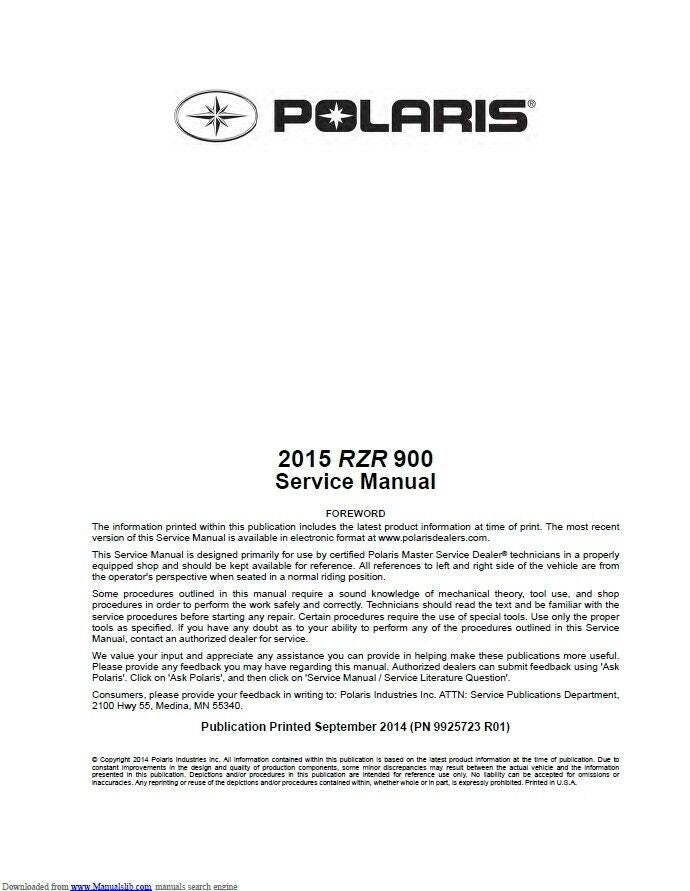 Polaris RZR 900 EPS S XC UTV Service Manual factory service manual title page