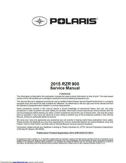 Polaris RZR 900 EPS S XC UTV Service Manual factory service manual title page