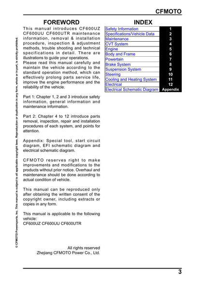 CFMOTO UFORCE 600 UTV Service Manual table of contents